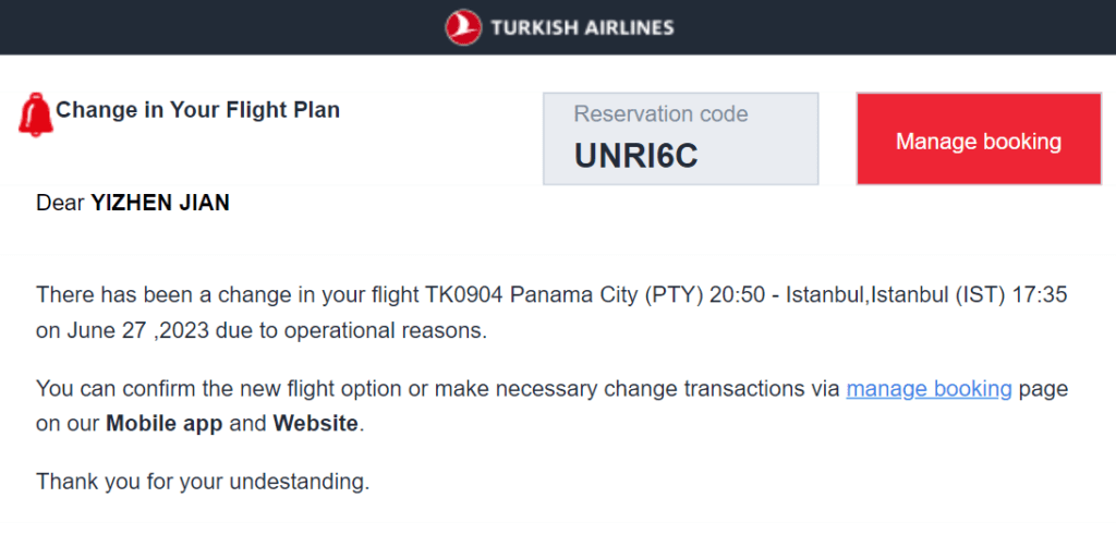 土耳其航空的來信
