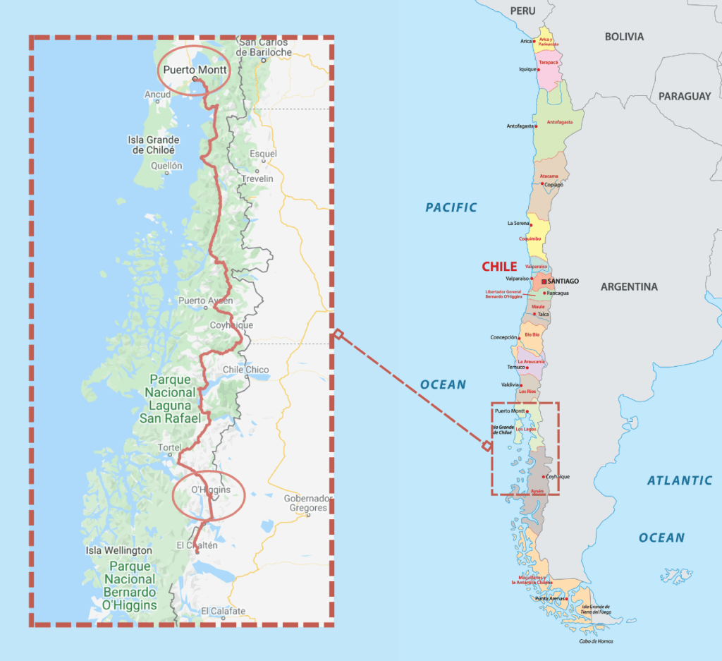 南方公路Carretera Austral所在區域及路線示意圖